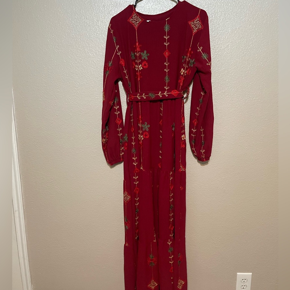Elegant Red Embroidered Maxi Dress